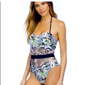 KENNETH COLE Palm Reading Halter One Piece Swimsuit Tummy Control Size XL